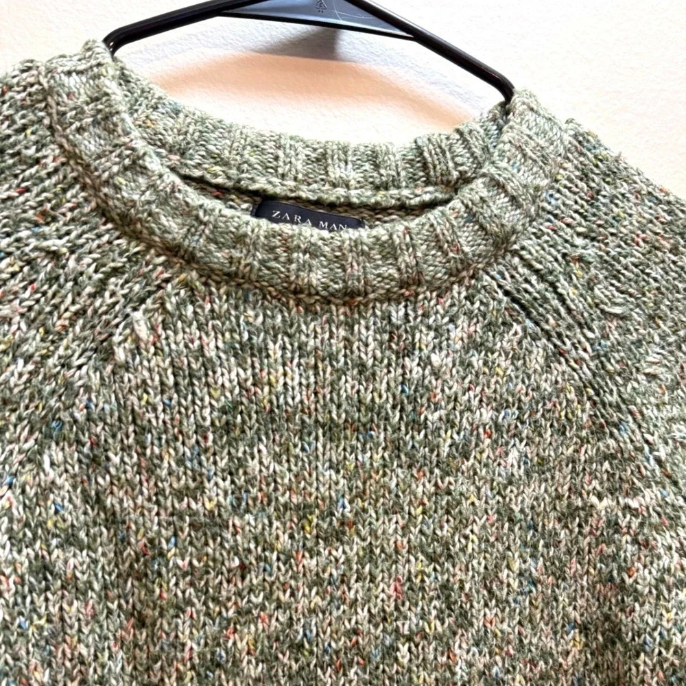 Zara Man Sweater Mens M Green Speckled Crew Neck Textured Knit Pullover Sweater